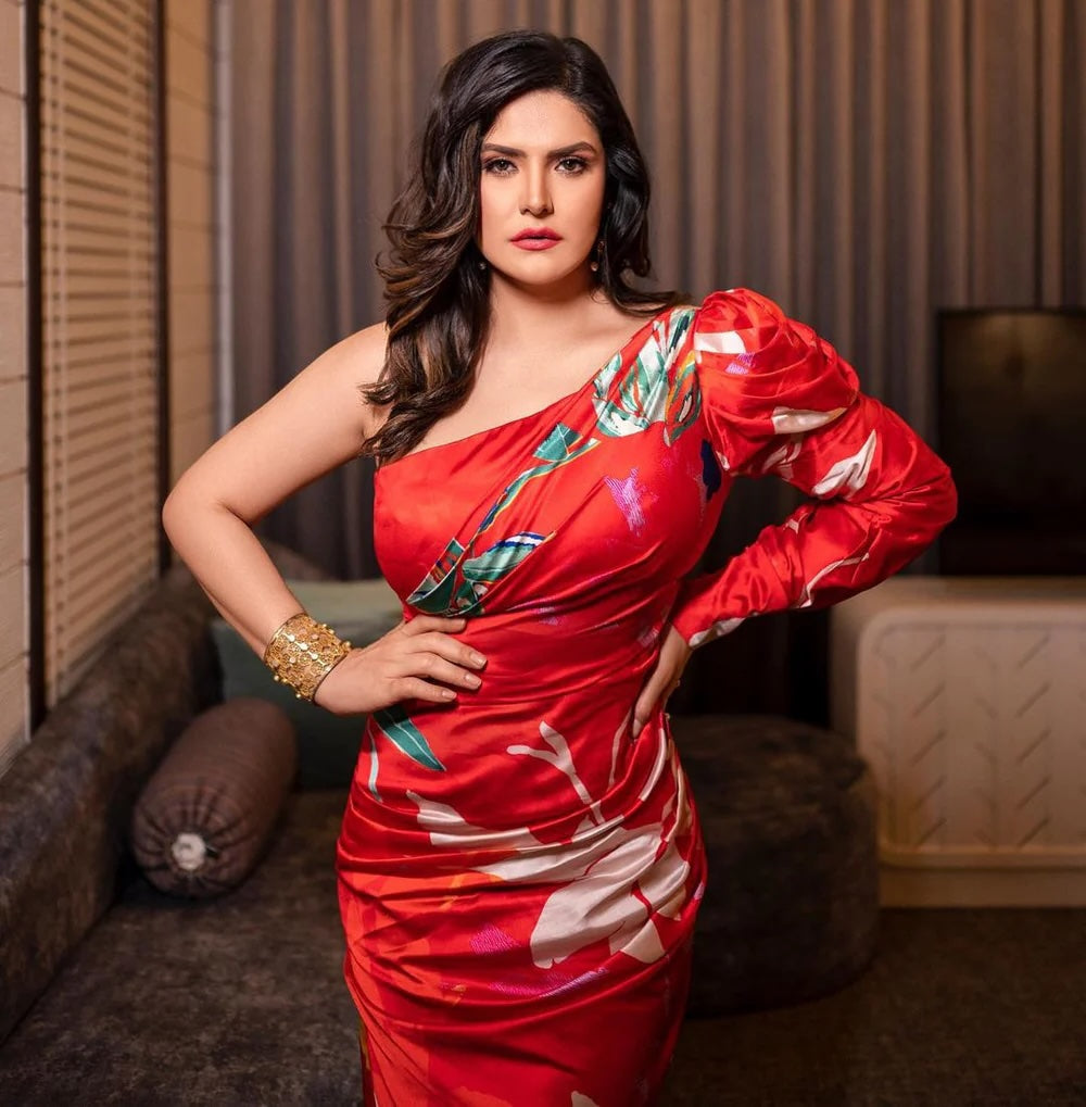 Zareen Khan in Tropical Red Dress