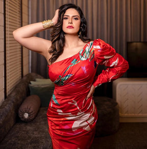 Zareen Khan in Tropical Red Dress