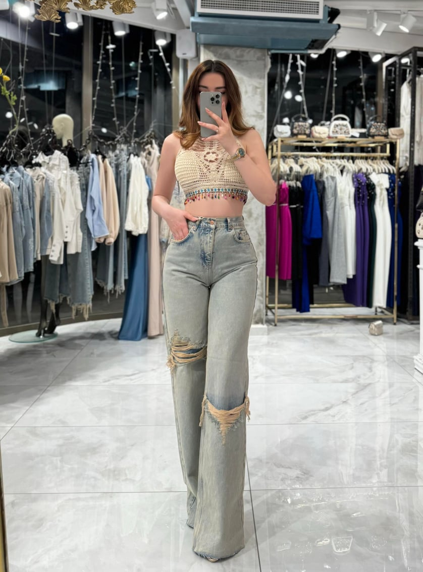 Alina Green Tint Ripped Look High Waist Wide Leg Jeans