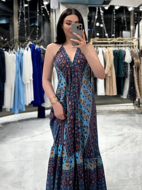 Lotus Blue Neck and Waist Tie Back Low Cut Patterned Long Dress