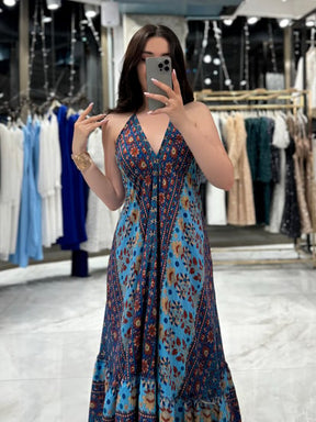 Lotus Blue Neck and Waist Tie Back Low Cut Patterned Long Dress