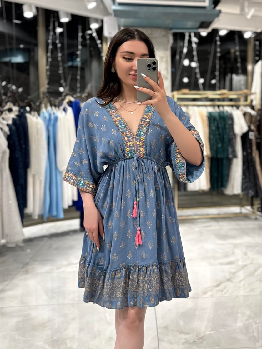 Karine Indigo Mirror Embroidered Elastic Waist Low Sleeve Mini Dress