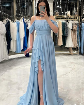 Alice Baby Blue Madonna Neck Rope Strap Slit Evening Dress