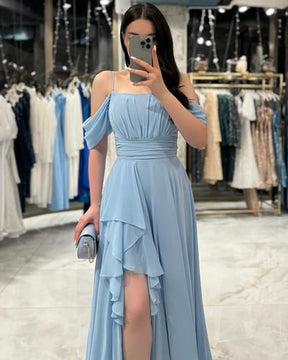 Alice Baby Blue Madonna Neck Rope Strap Slit Evening Dress