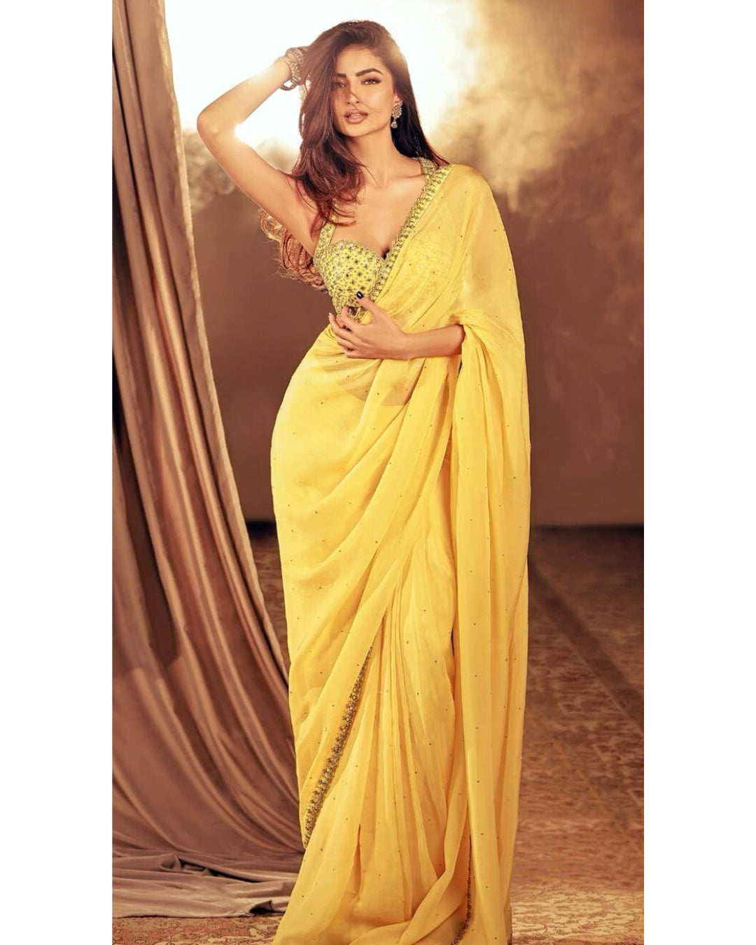 Palak Tiwari - Yellow Georgette Embroidered Mirror Scoop Pre-Draped Saree Set