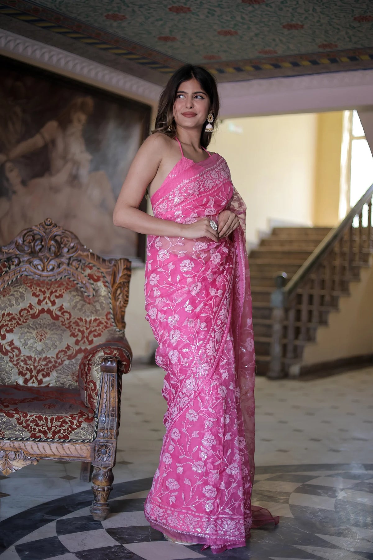 Trendy Pink Organza Sequin Floral Patterns Saree for Weddings & Festival