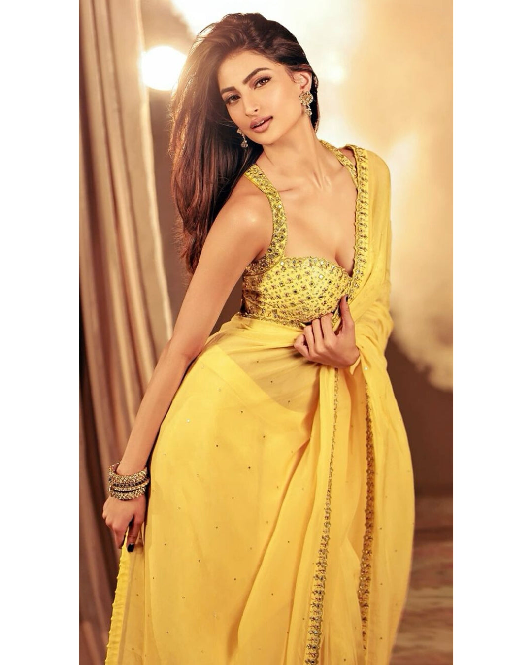 Palak Tiwari - Yellow Georgette Embroidered Mirror Scoop Pre-Draped Saree Set