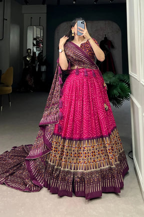 Elegant Bandhej with Ajarakh Print Silk Lehenga Choli - Traditional Festive Wear