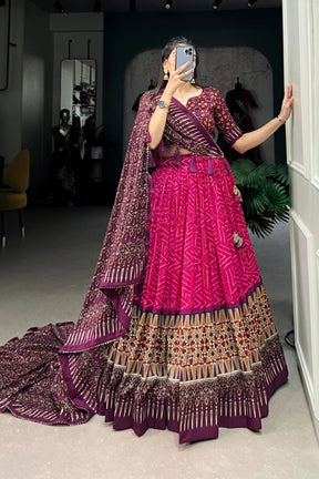 Elegant Bandhej with Ajarakh Print Silk Lehenga Choli - Traditional Festive Wear