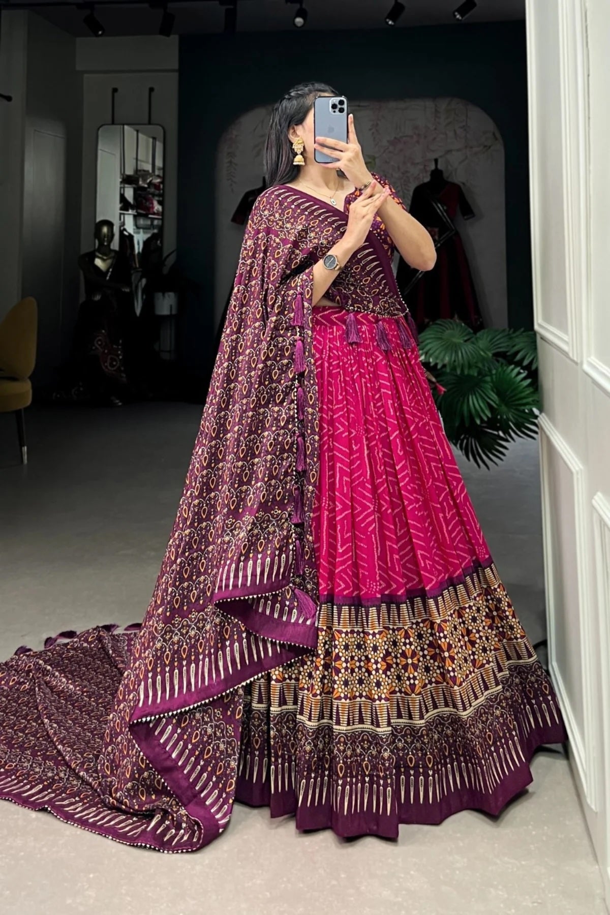 Elegant Bandhej with Ajarakh Print Silk Lehenga Choli - Traditional Festive Wear