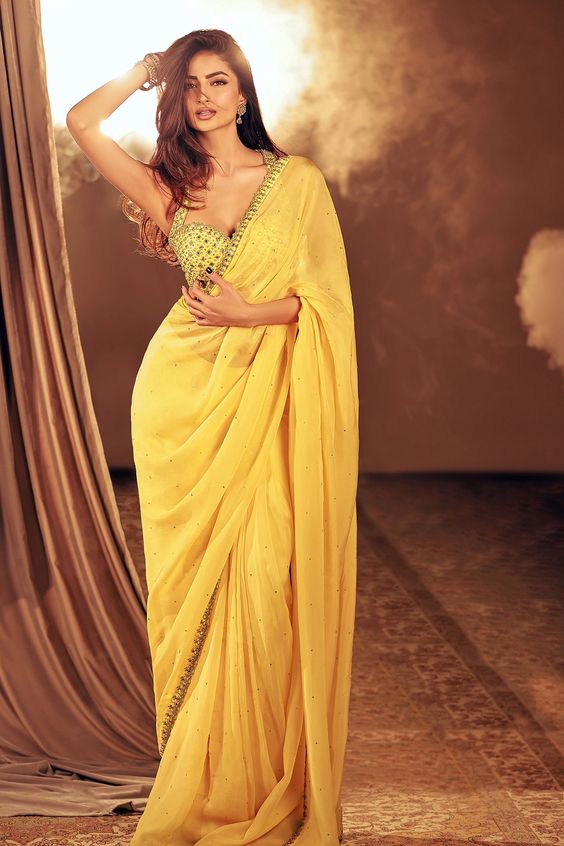 Palak Tiwari - Yellow Georgette Embroidered Mirror Scoop Pre-Draped Saree Set