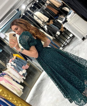 Maya Emerald Green Bolon Sleeve Glitter Evening Dress