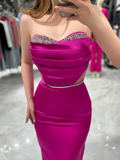 Naya Fuchsia Chest Stone Detailed Midi Length Evening Dress