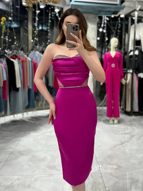 Naya Fuchsia Chest Stone Detailed Midi Length Evening Dress