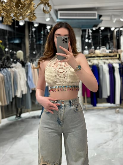 Layana Stone Beaded Detailed Knitted Crop