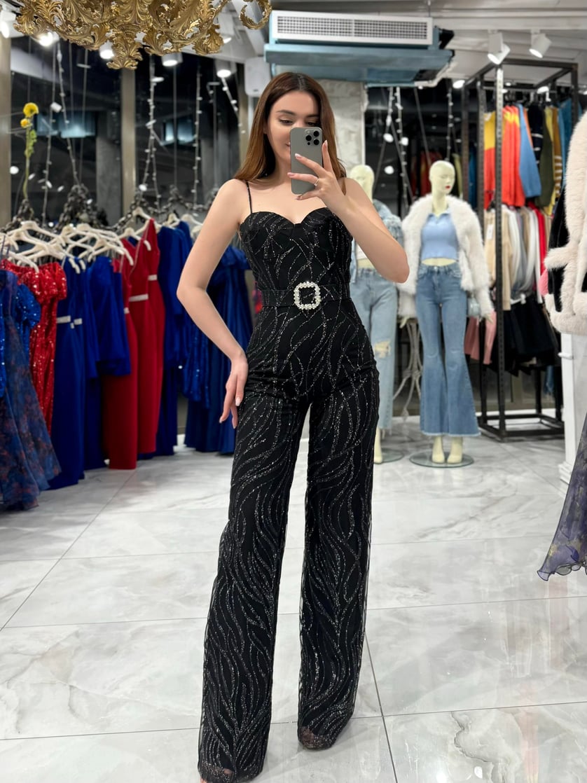 Voleri Black Belted Glittery Patterned Jumpsuit