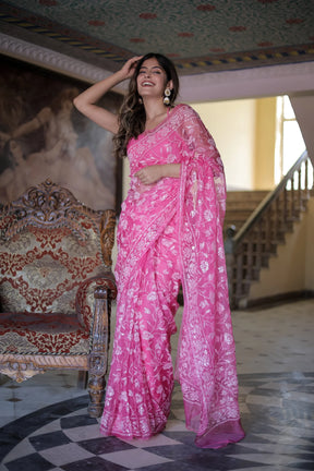 Trendy Pink Organza Sequin Floral Patterns Saree for Weddings & Festival