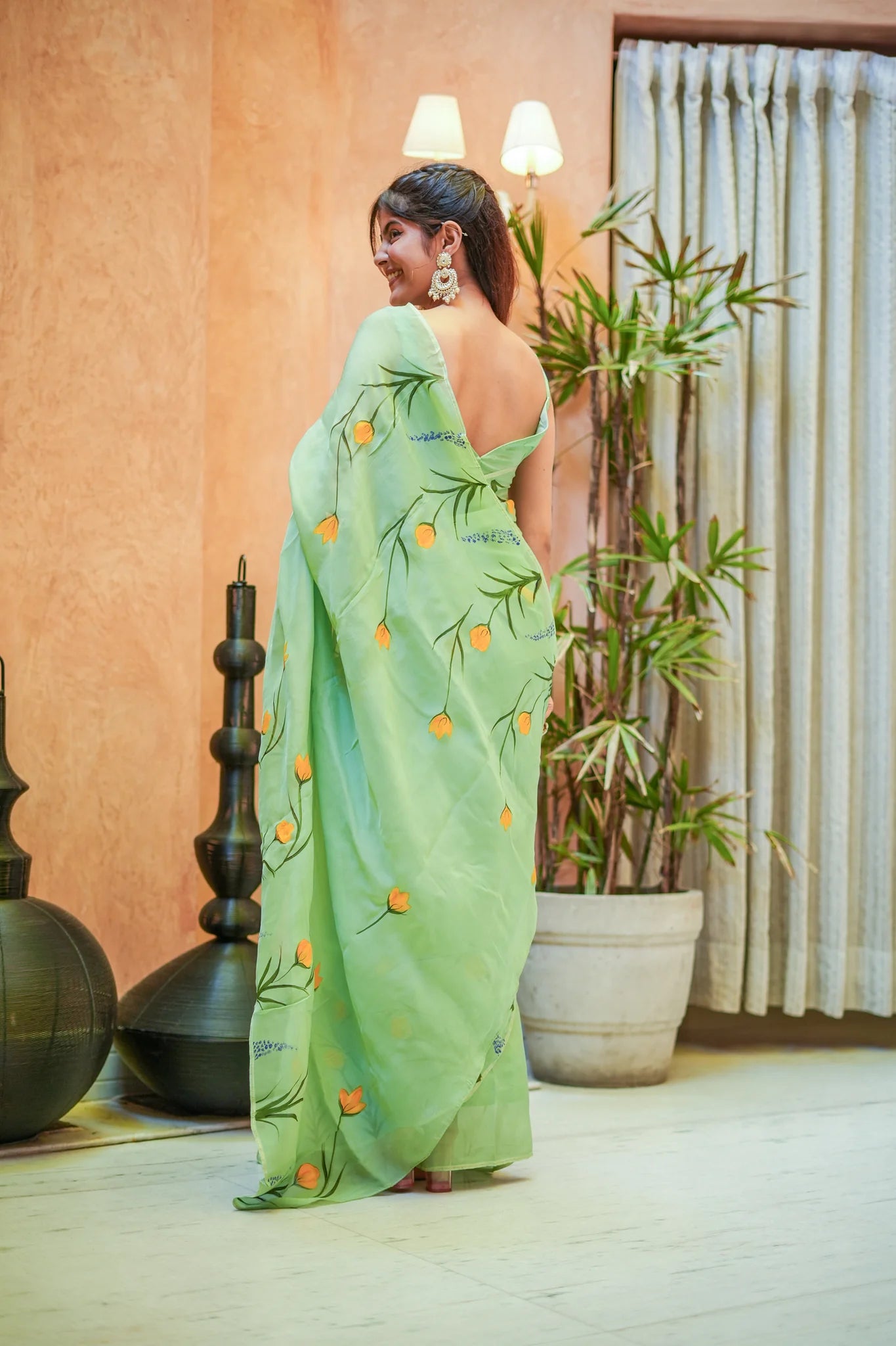 Green Glimmer Hand-Painted Organza Saree