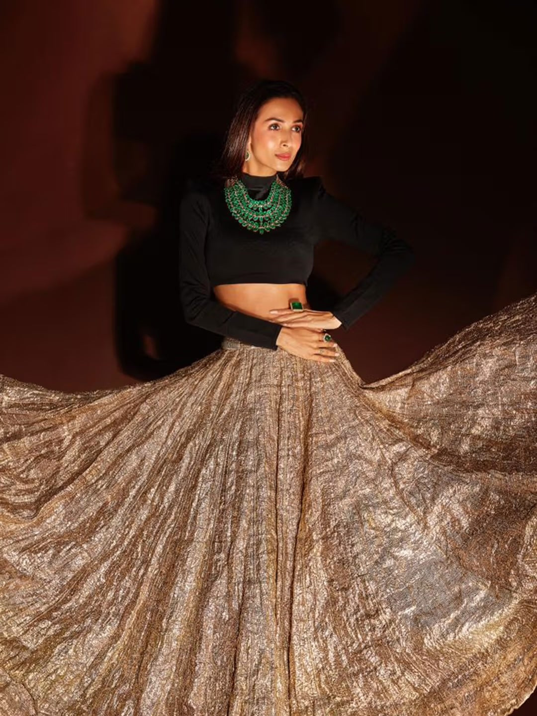 Malaika Arora - Black Velvet Woven Zari Round High Neck Dress with Blouse and Lehenga Set