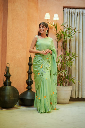 Green Glimmer Hand-Painted Organza Saree