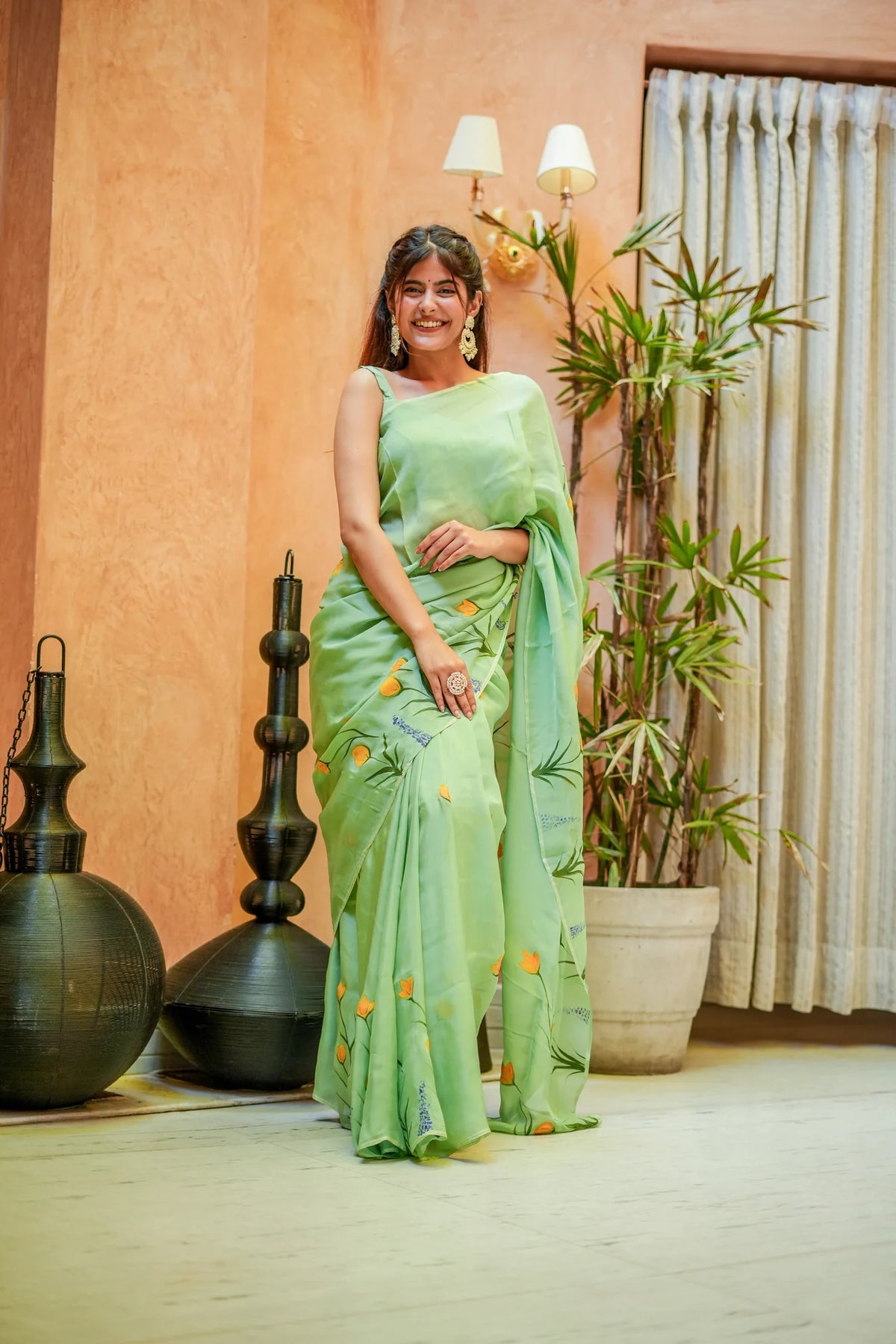 Green Glimmer Hand-Painted Organza Saree