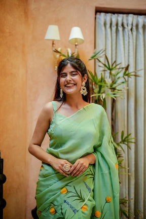 Green Glimmer Hand-Painted Organza Saree