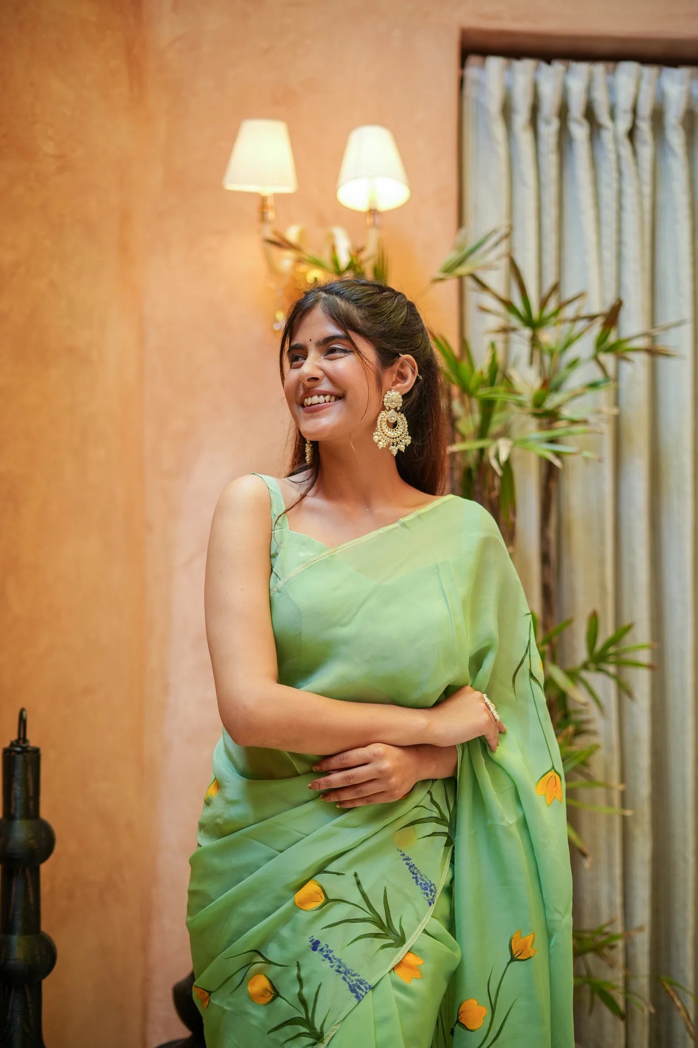 Green Glimmer Hand-Painted Organza Saree