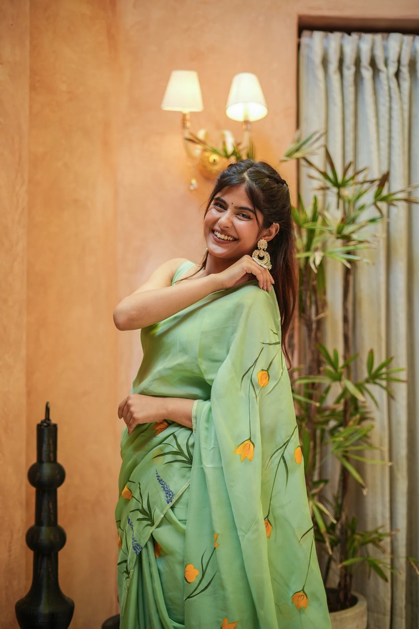 Green Glimmer Hand-Painted Organza Saree