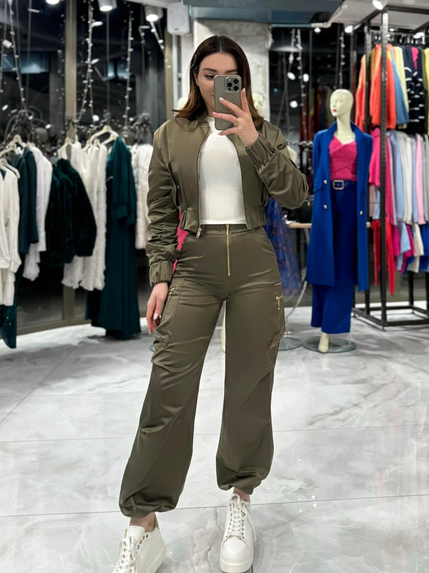 Rarni Cargo Pocket Satin Trousers-Khaki