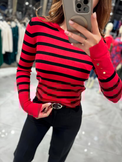 Black Red Lidia Crew Neck Striped Sweater