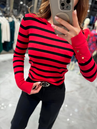 Black Red Lidia Crew Neck Striped Sweater