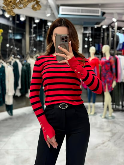 Black Red Lidia Crew Neck Striped Sweater