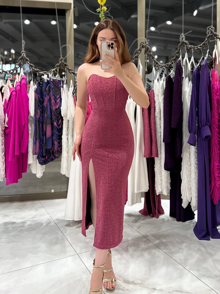 Jany Strapless Glittery Side Slit Dress Pink