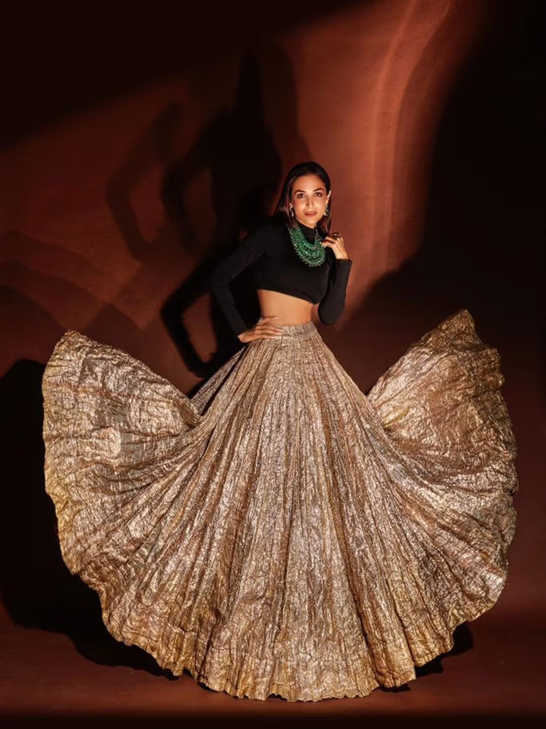 Malaika Arora - Black Velvet Woven Zari Round High Neck Dress with Blouse and Lehenga Set