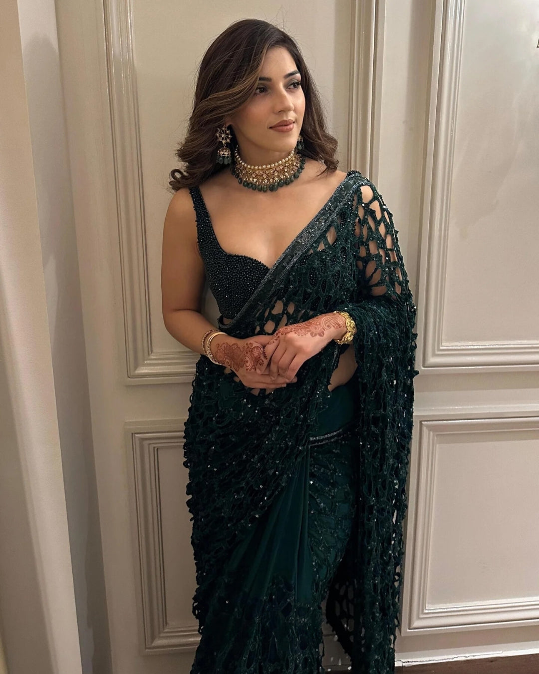 Mehreen Pirzadaa Dazzles in a Stunning Green Cutwork Saree Design