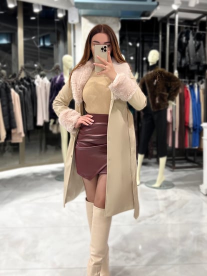 Mady Long Fur Leather Coat Cream