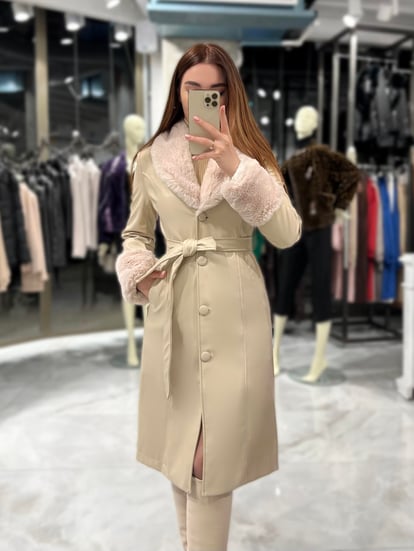 Mady Long Fur Leather Coat Cream