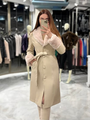 Mady Long Fur Leather Coat Cream