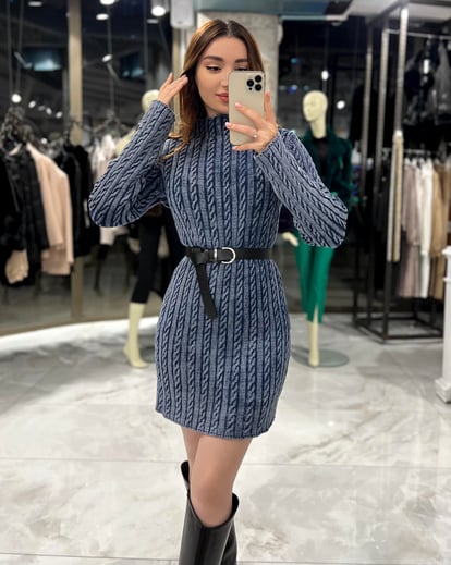 Iris Stand Collar Knit Dress Indigo