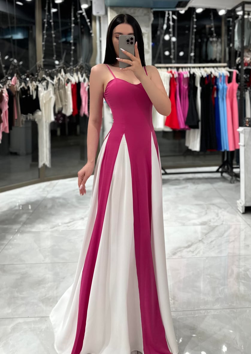 Straps Chest Padded Multi-Piece Long Dress Fuchsia