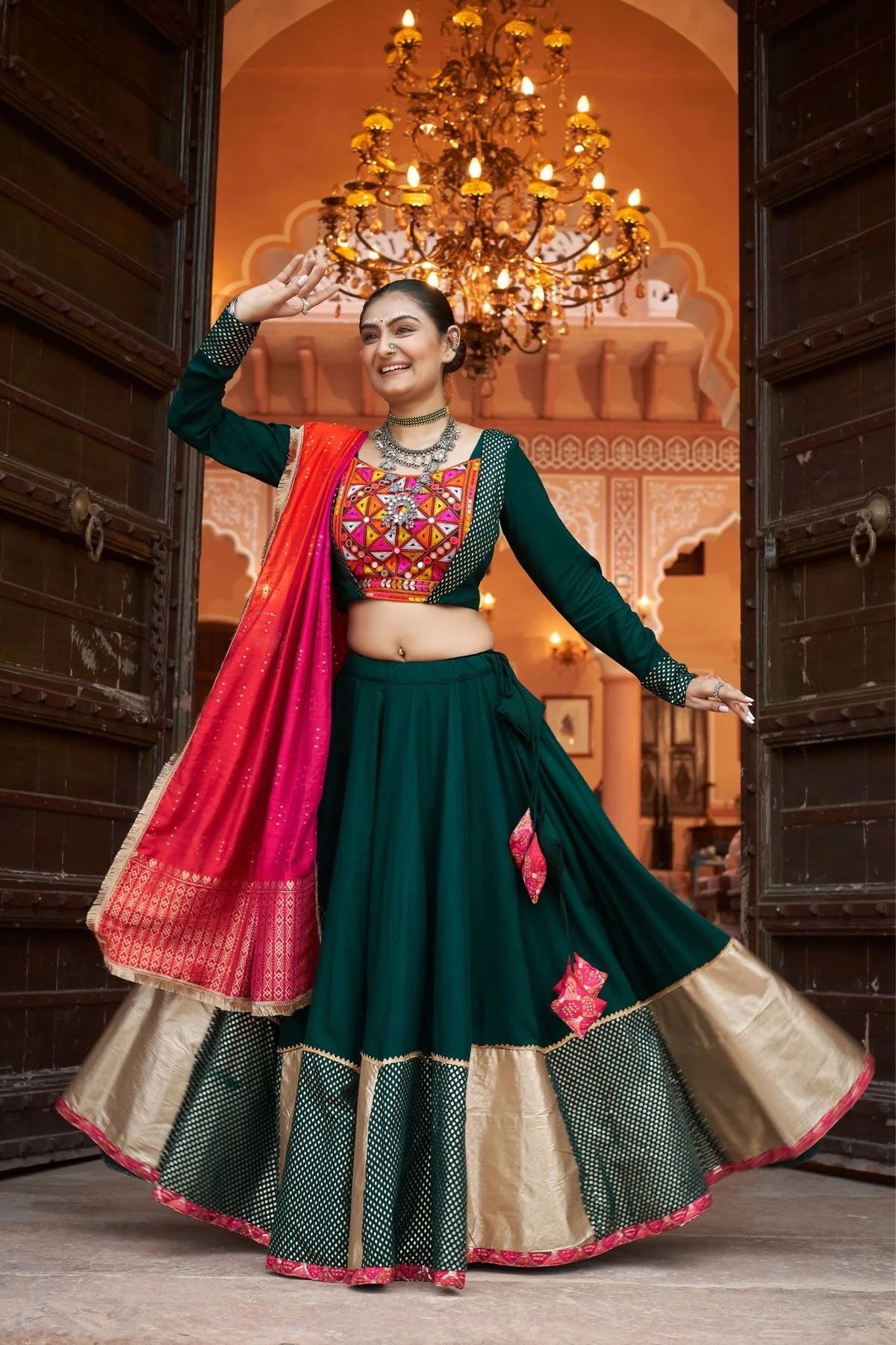 Elegant Green Viscose Rayon Designer Lehenga Choli for Navratri