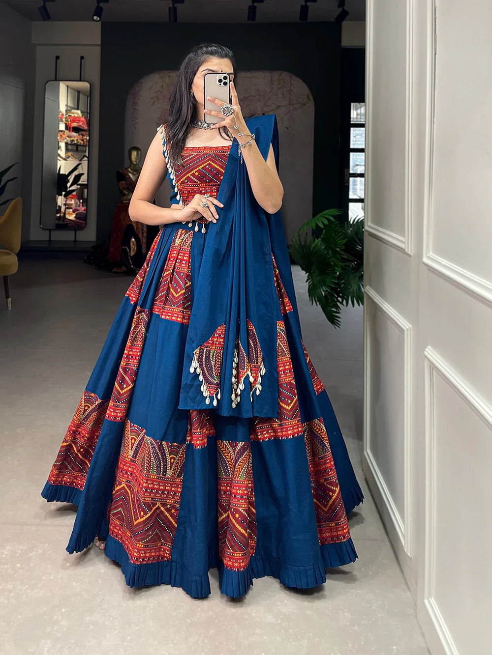 Blue Color Pure Cotton Plain & Printed With Foil Work Lehenga Choli