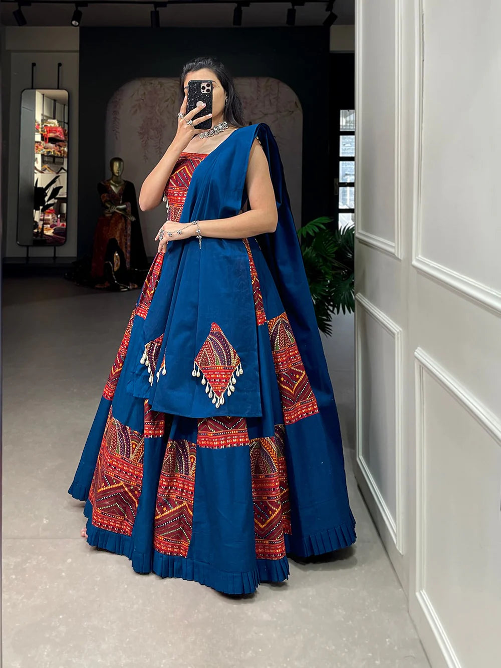 Blue Color Pure Cotton Plain & Printed With Foil Work Lehenga Choli