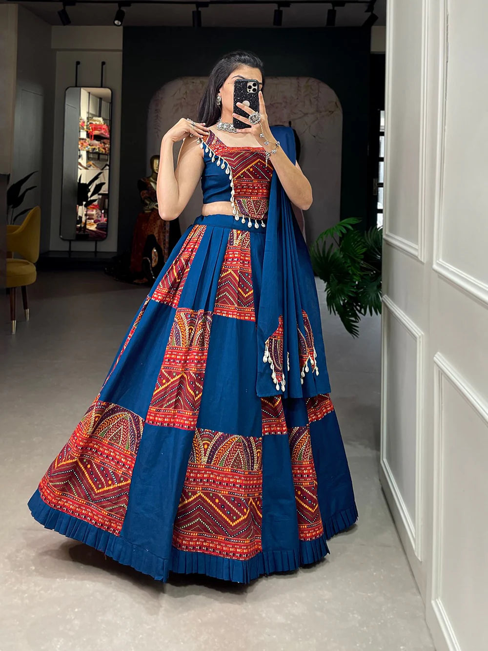 Blue Color Pure Cotton Plain & Printed With Foil Work Lehenga Choli