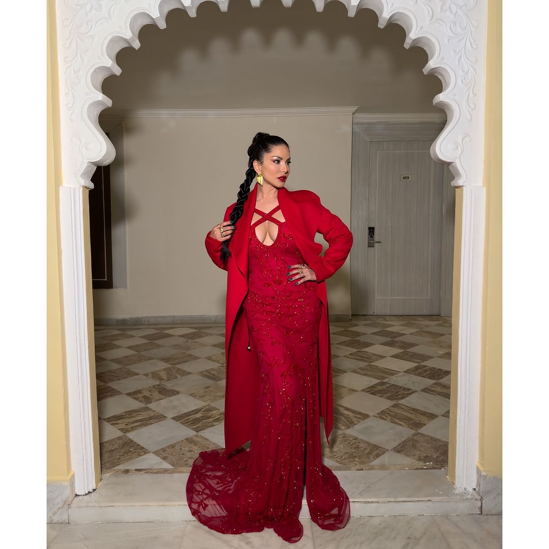 Sunny Leone - Red Net Hand Embroidered Floral Criss-cross Neck Gown