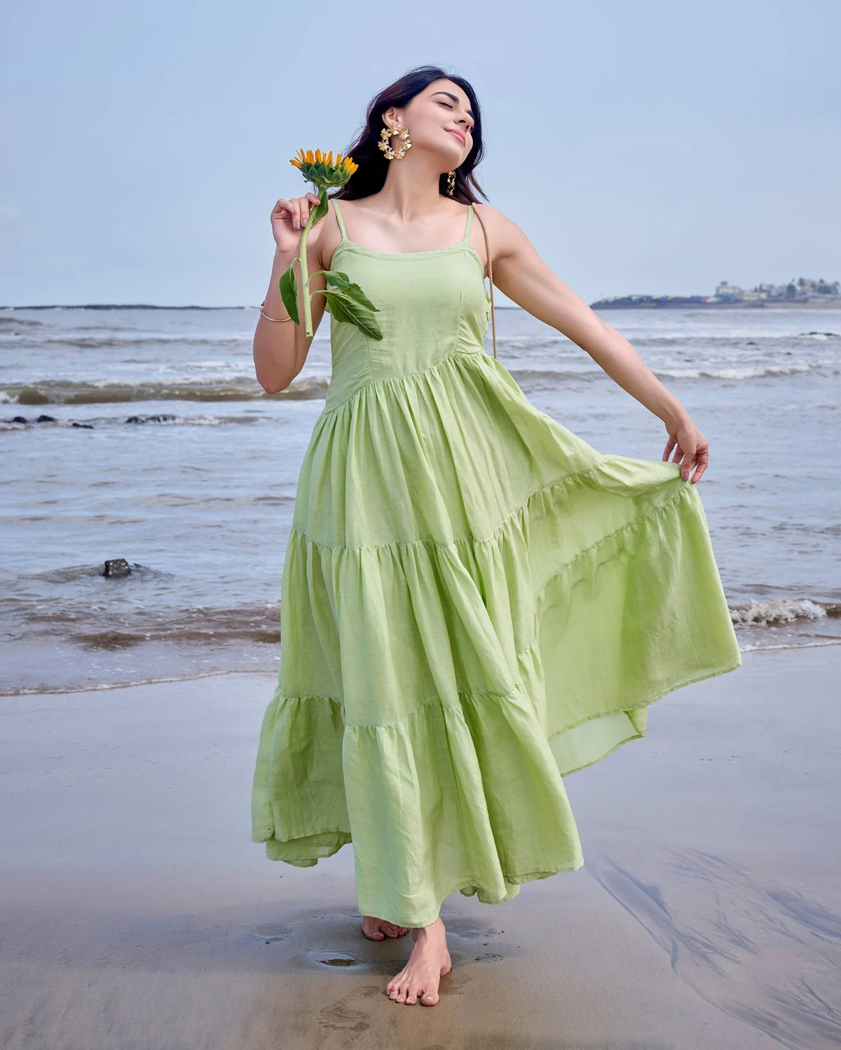 Aviary Green Solid Linen Georgette Dress - Elegant & Stylish Women's Fashion