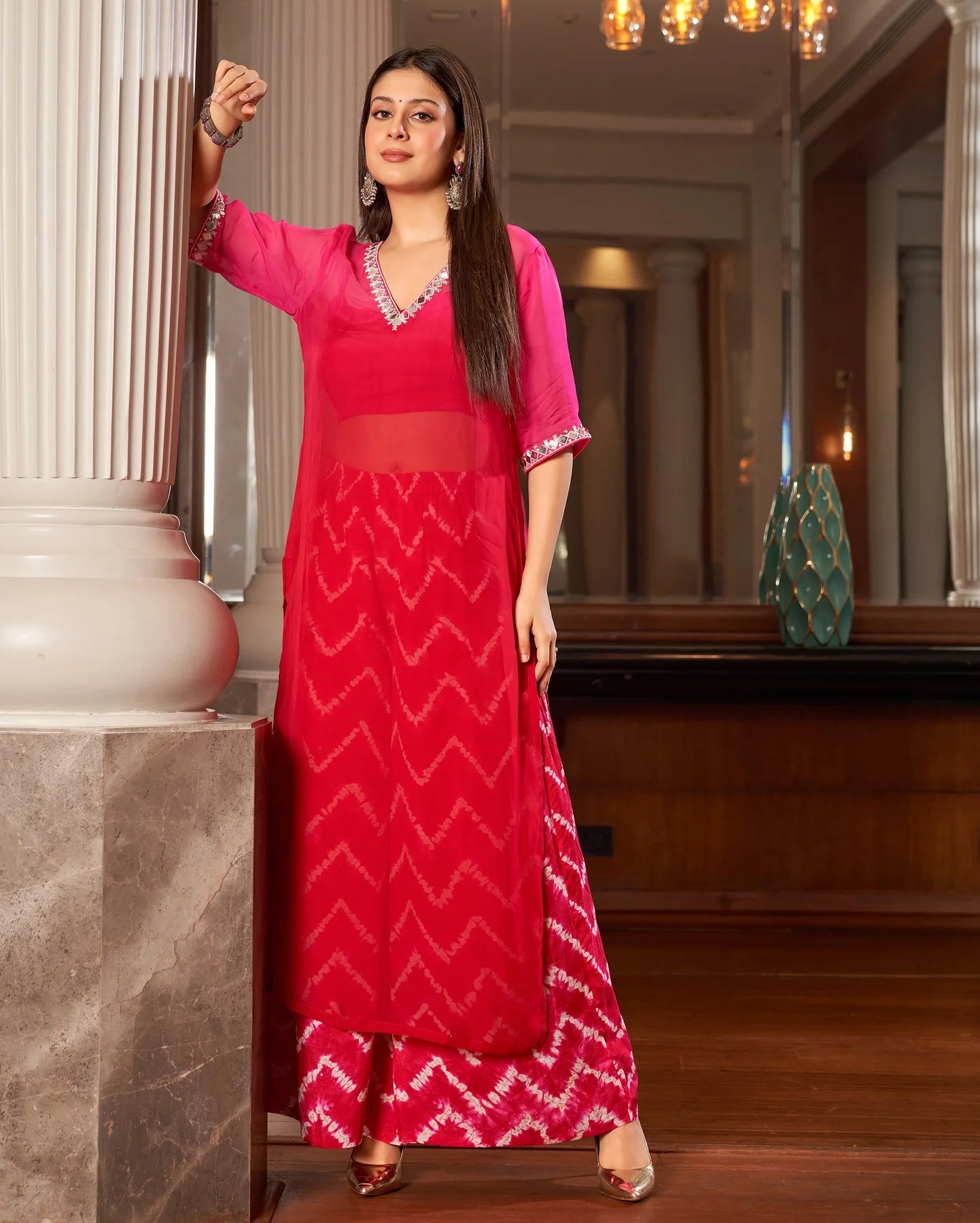 Arya Red Pink Traditional Ombre Leheriya Organza Kurta Set