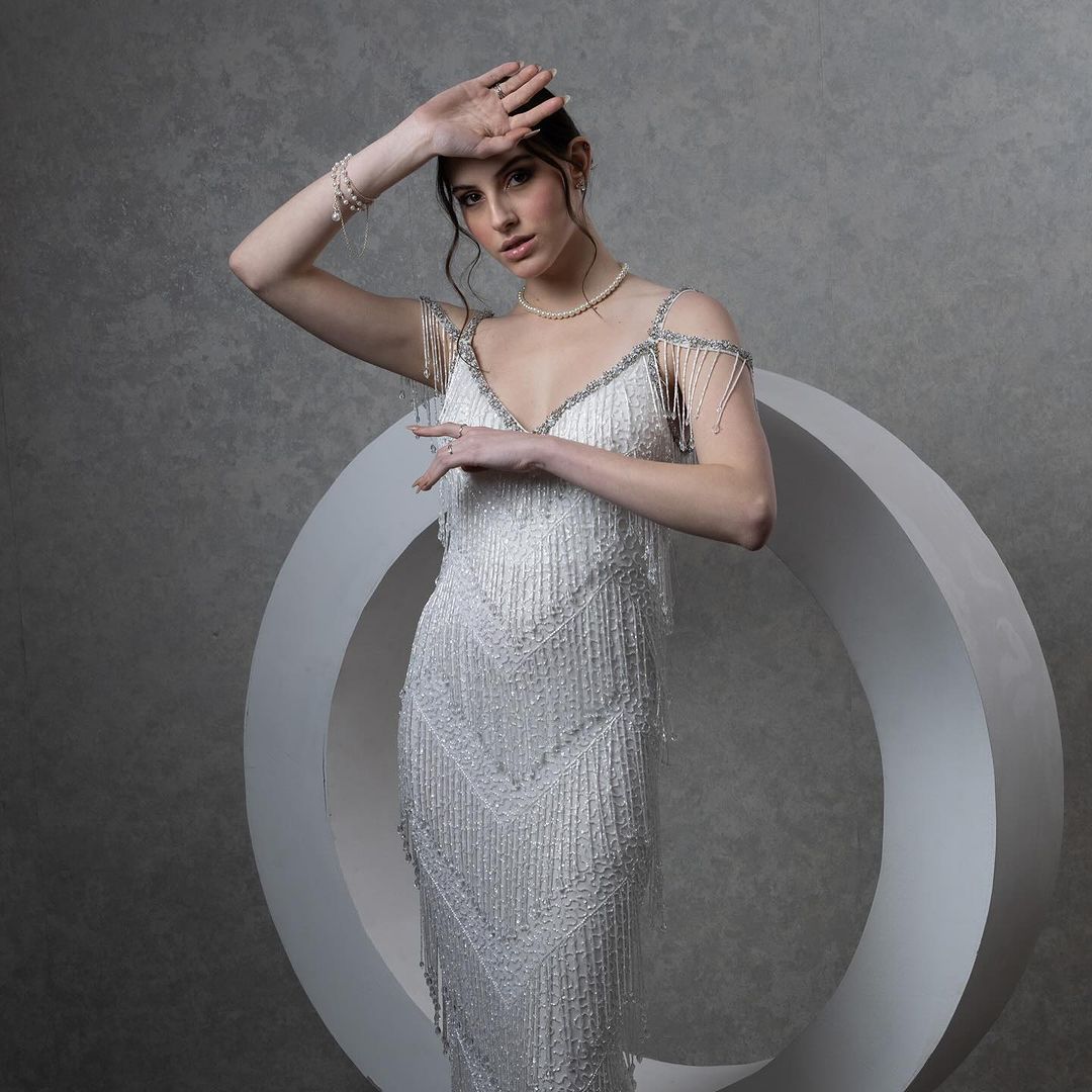 White Net Hand Embroidered Pearls V Neck Gown - Elegant & Luxurious Evening Dress