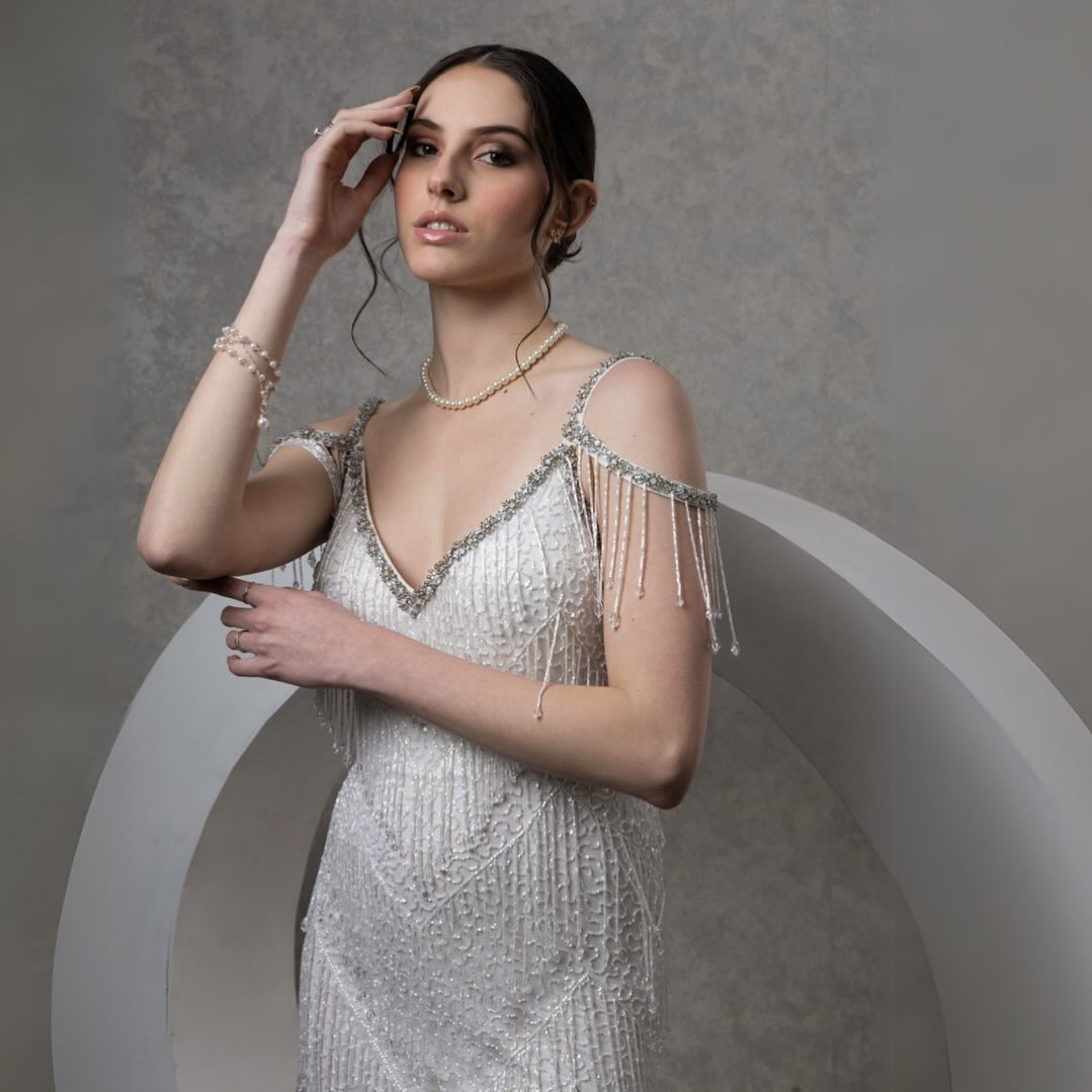 White Net Hand Embroidered Pearls V Neck Gown - Elegant & Luxurious Evening Dress
