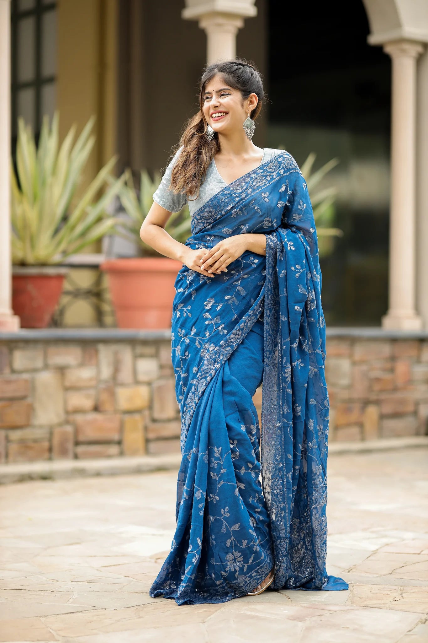 Blue Georgette Saree with Sequin Detailing for Weddings